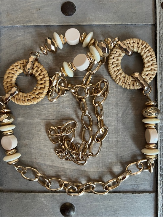 Jewelry - Gold and Cream Long Link Necklace with Woven Circle Accents